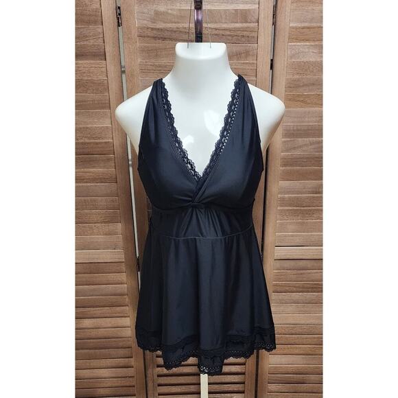 Torrid 1 Plus Size 1X Black Deep V-Neck Wireless Mid Length Lace Trim Swim Dress - Picture 3 of 11